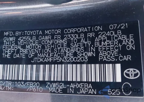 2022 Toyota Prius Prime Le z USA, uszkodzony, nr VIN JTDKAMFP5N3200203